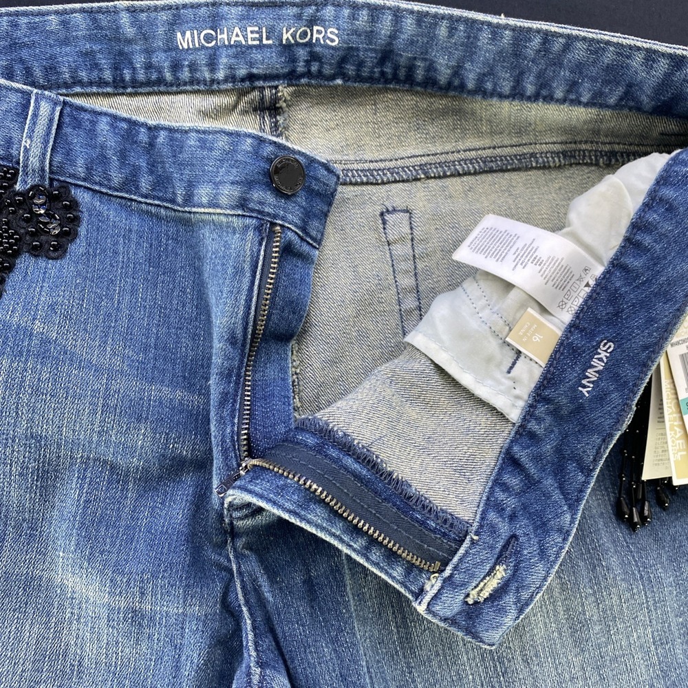 Michael Kors Blue Skinny Jeans Mid Rise Bead Embroidered Women's 16 Vintage Wash - Picture 13 of 15